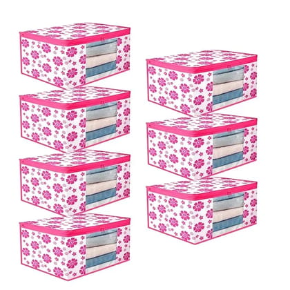 Bindian Multipurpose Saree Cover for Wardrobe Storage | Premium Non-Woven Fabric Cloth Organizer Box with Transparent Window & Zipper | Ideal for Storing Sarees & More (Pink Flower, Pack of 7)