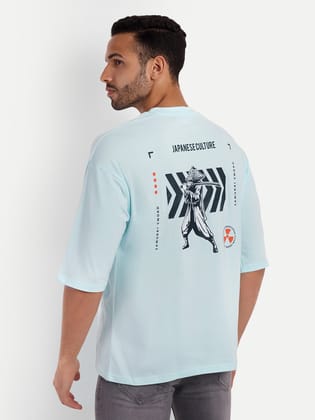 Japanese Aqua Blue Oversized Drop Shoulder Tee-S / Blue