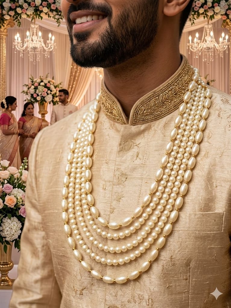 quad-strand monochromatic oval and round moti wedding necklace