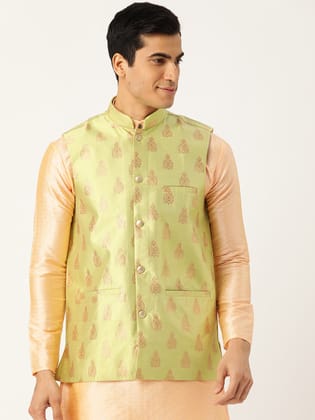 Mens Silk Blend Self Design Green Nehru Jacket-40