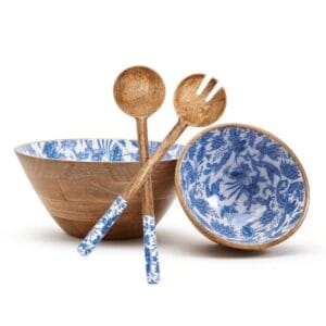 Handicraft Exim Hand-Painted Wooden Salad Bowl Set | Blue & White Floral | Serving Utensils Included | Elegant Dining