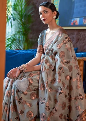 Crystal Grey Bronze Zari Woven Organza Silk Saree