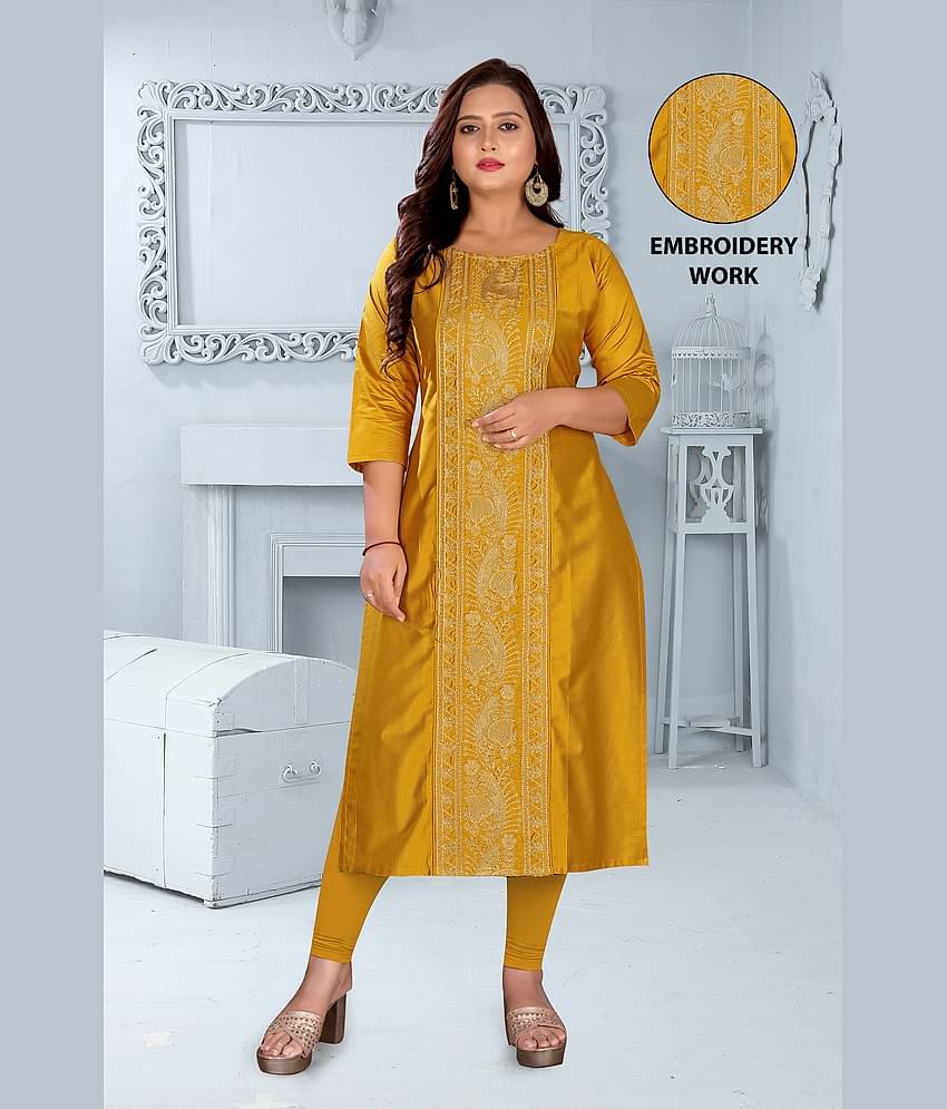RIAANA Women Chanderi Embroidered Straight Kurti ( Mustard )