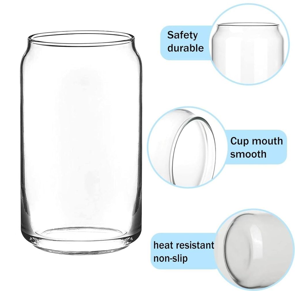 Drinking Glasses with Glass Straw Set of 2, 500ml Beer Glasses Can Shaped Glass Cups, Tumbler for Cold Coffee, Smoothies, Juice, Soda, Any Drink and Any Occasion