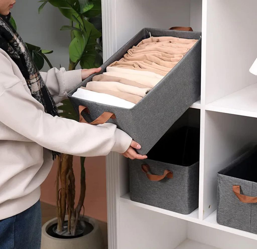 Wardrobe Organizer for Clothes with Metal Frame Rectangle Storage Baskets for Clothing Fabric Storage Box with Handles Shelf Basket for Storage Clothes Pants Jeans Sweater Pack of 2