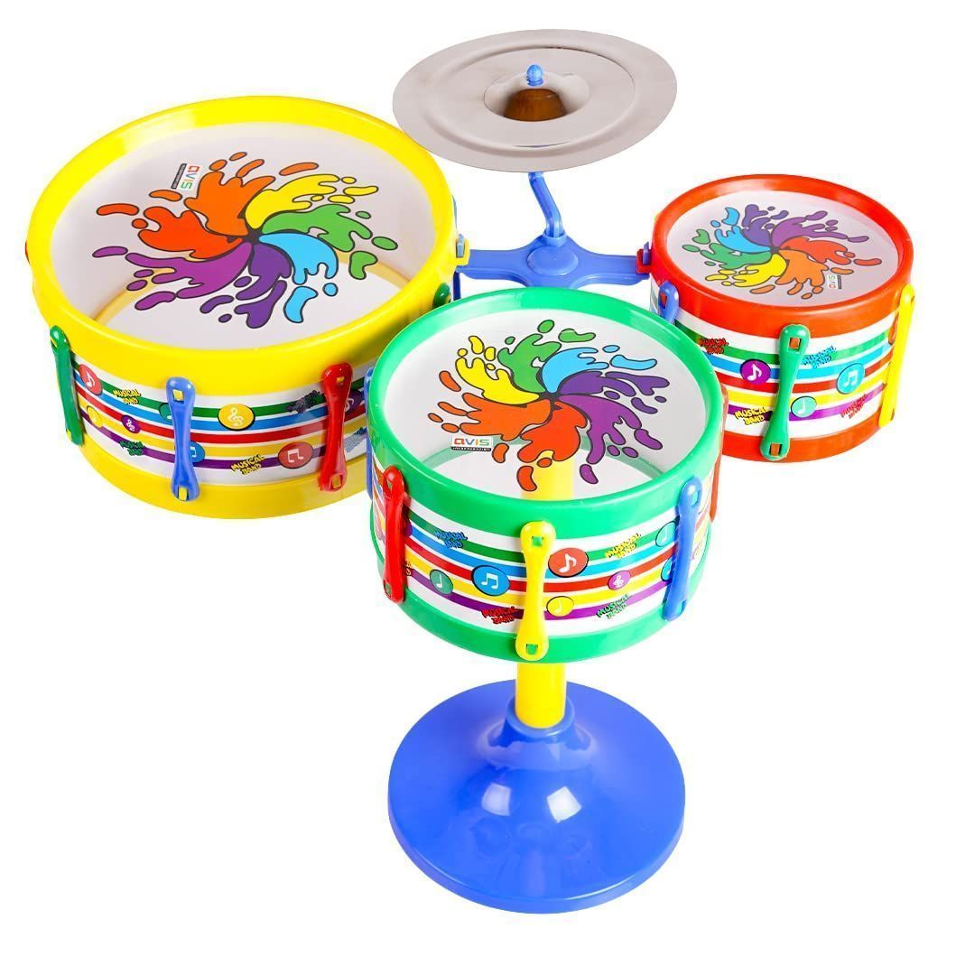 Musical Band Instruments with 3 Drums, 1 Dish, 1 Stool & Sticks for Kids (Assorted Colors & Designs)