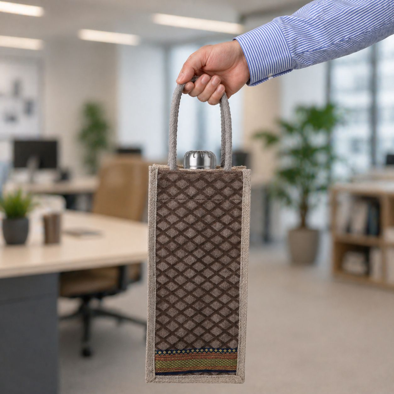 Handcrafted Jute Utility Mat with Textured Fabric Panel