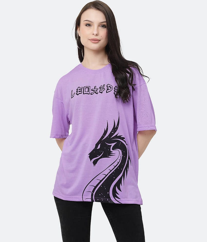 Leotude Women Cotton Blend Printed Oversized Fit Round Neck T-Shirt ( Purple )