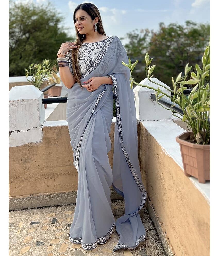 Samah Georgette Solid Saree With Unstitched Blouse Piece ( Grey )