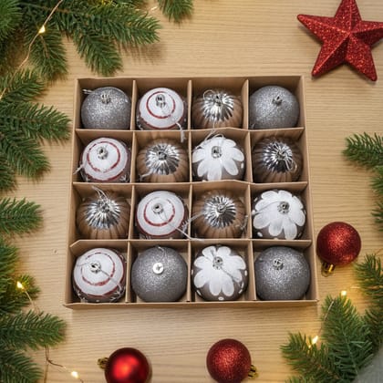 Coral Tree Silver & Red Christmas Tree Bauble Ornament Set – Pack of 16