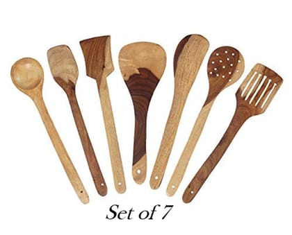 Natural Wooden Spoon Set For Cooking Includes Frying Serving Spatula Chapati