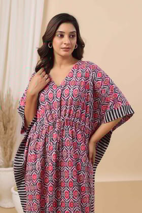 Fayra Noir Ikat Blush Kaftan-Free Size / Blue/Pink / Blue/Pink
