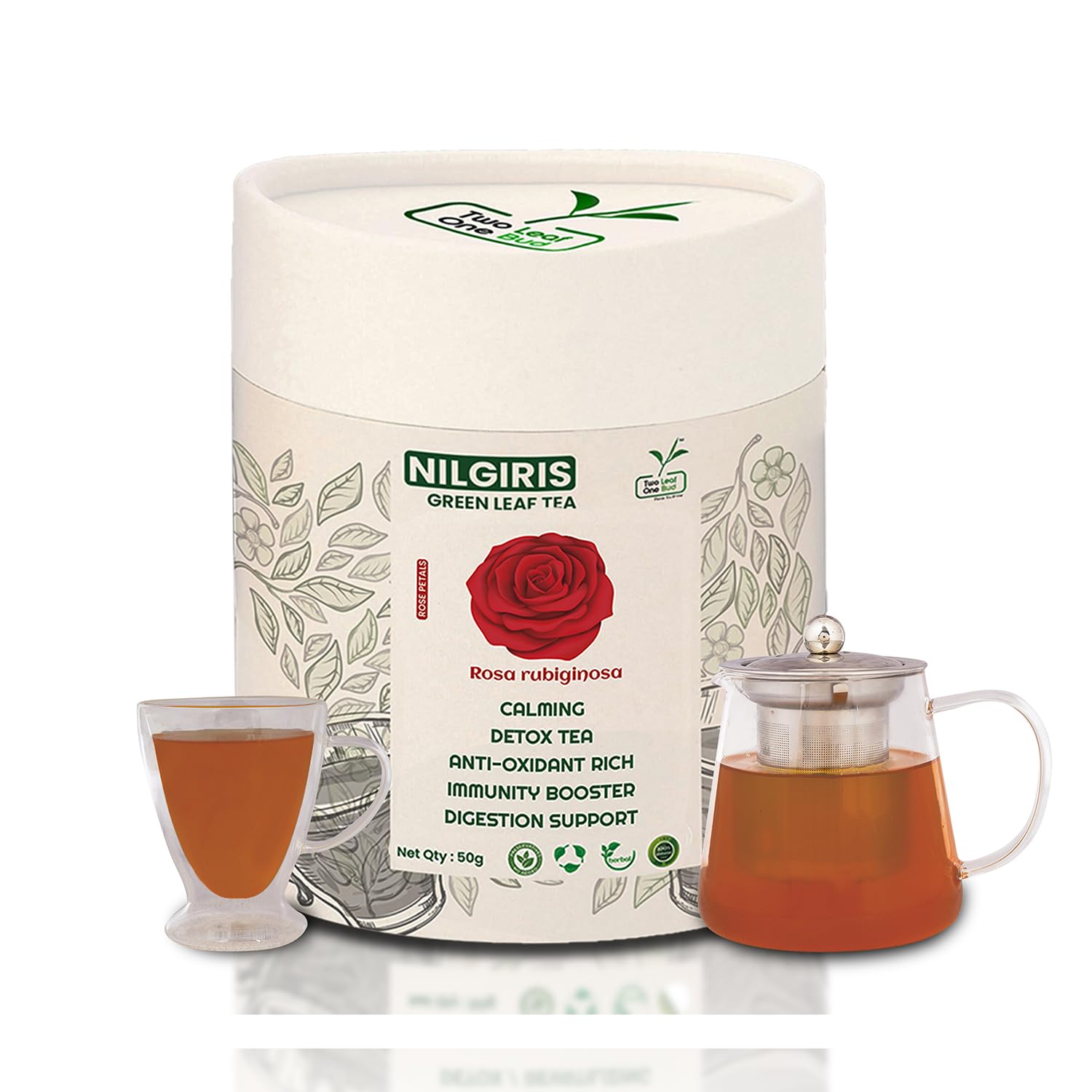 Two Leaf One Bud Nilgris Green Leaf Tea - Rose Petals 50 Gms