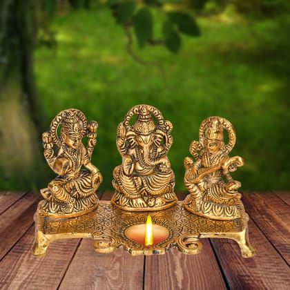DreamKraft White Metal Gold Plated Lakshmi Saraswati Ganesh with Deepak for Puja and Festive Decoration