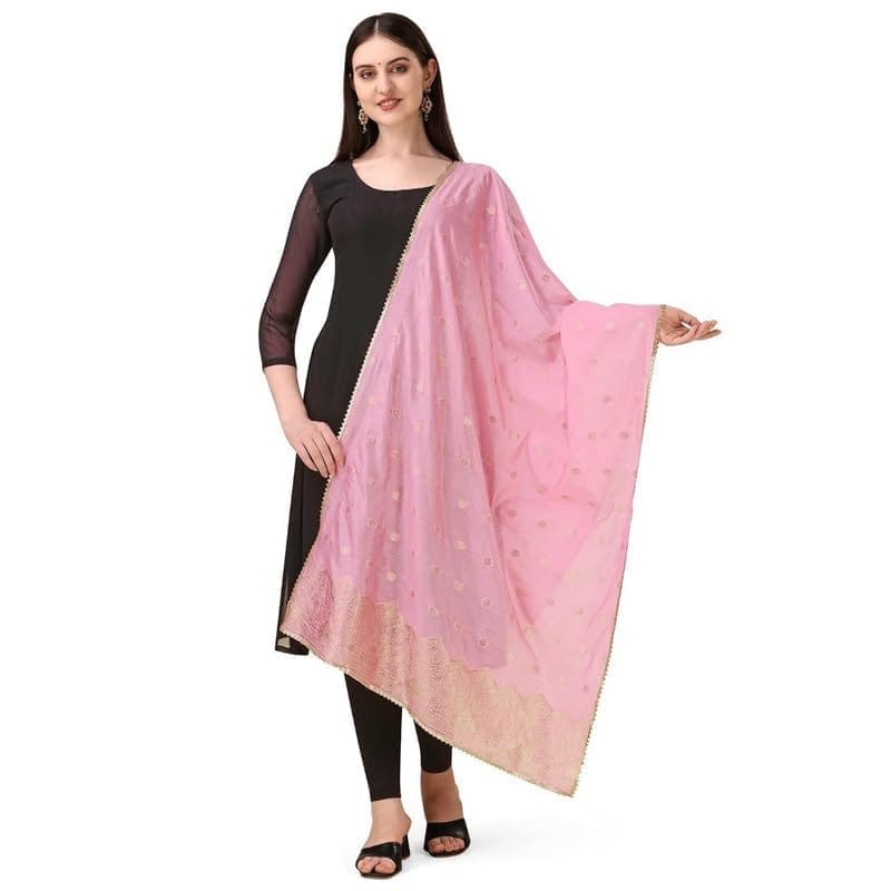 Women's Silk Pure Zari weaving Duppatta (Light Pink, Leangth: 2-2.3 Mtrs)-PID44930