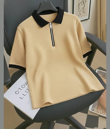AUSK Men Cotton Blend Regular Fit Striped Polo T Shirt ( Beige )