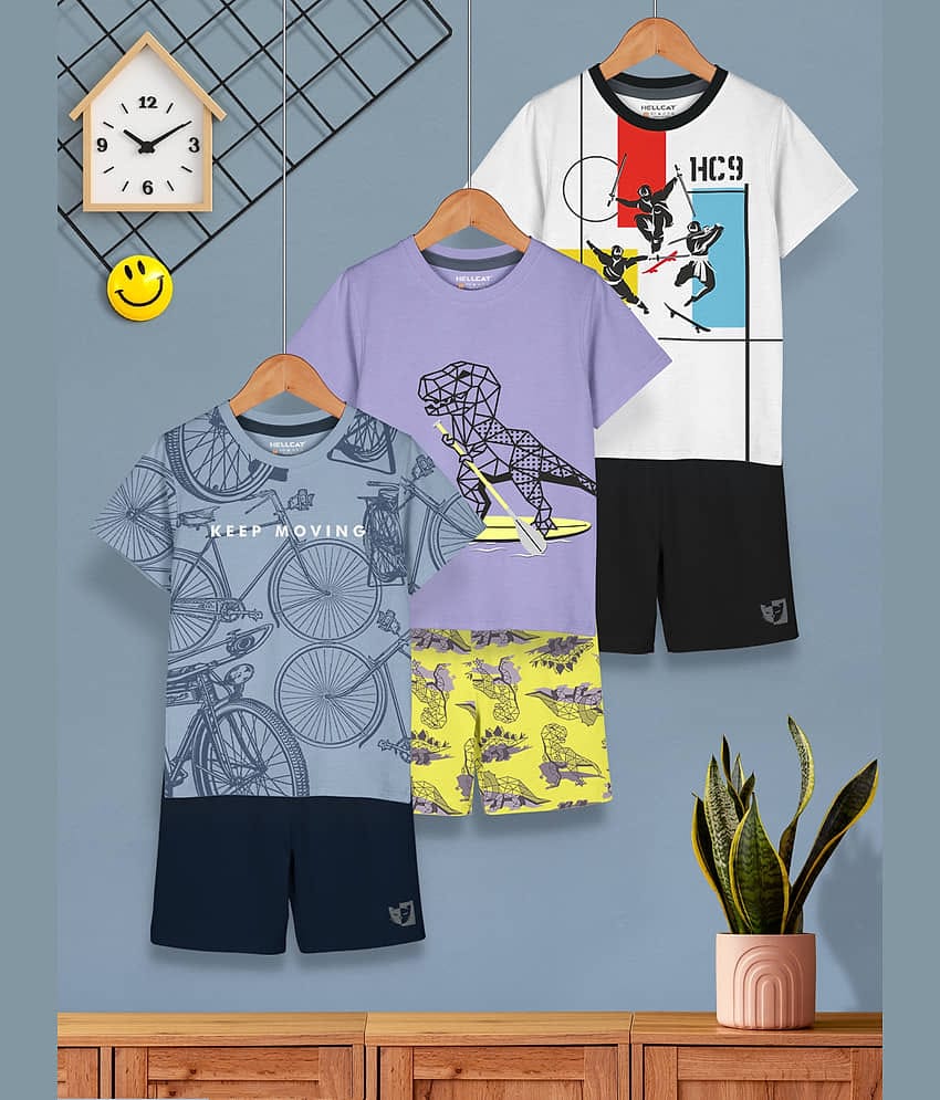 HELLCAT Pack of 3 Boys Cotton Blend T-Shirt & Shorts Set ( Blue )