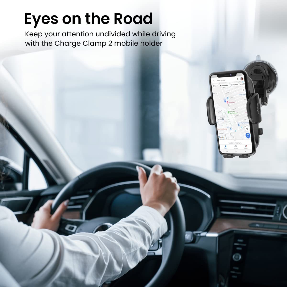 Portronics Charge Clamp 2 Mobile Holder with Wireless Charging with 15W Wireless Output (Black)