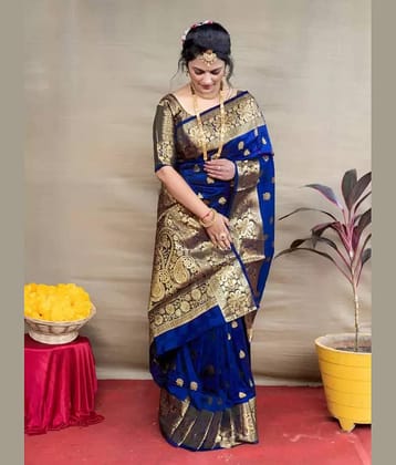 Vkaran Silk Embellished Saree With Unstitched Blouse Piece ( Blue )