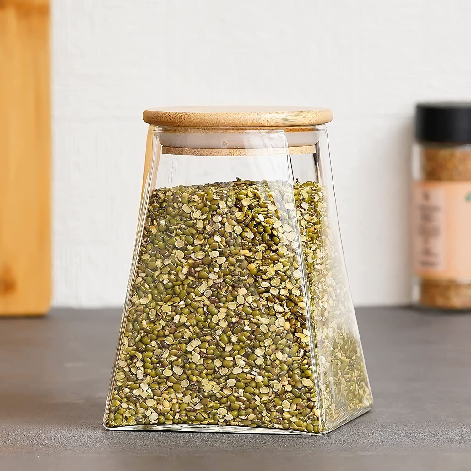 Femora Borosilicate Glass Triangle Storage Jar with Bamboo Lid (550 ml (Set of 2))