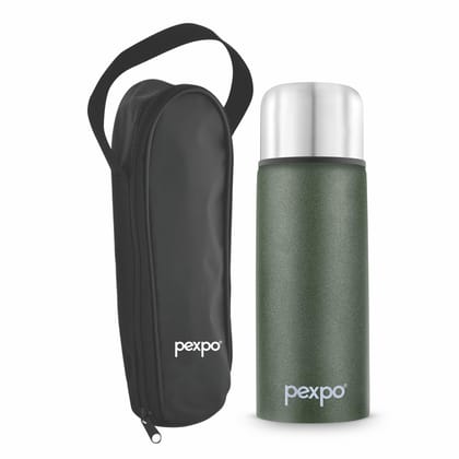 Pexpo Stainless Steel Thermosteel Insulated Flask with Zipper Bag | 500ml, Military Green, Flip Pro | Odorless & Keeps Drinks Hot/Cold for 18+ Hours