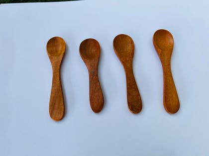 Handcrafted Wooden Serving Spoons, Natural Brown, Teak Wood, Traditional Kitchen Utensils, Set of 4