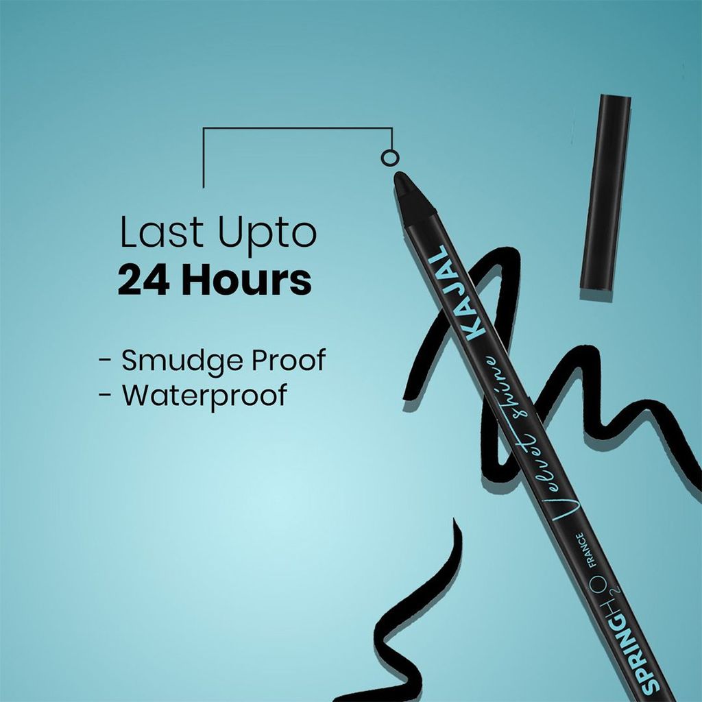 Spring H2O Velvet Shine Kajal Intense Black | With Avacado Oil and Vitamin E | Longlasting Waterproof and Sumdgeproof - 1.5gm