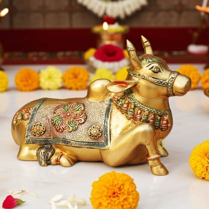 Brass Showpiece Nandi God Idol Statue - Antique Finish Spiritual Showpiece, Height : 7.2 Inch (BSMAS1532 D)