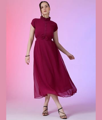 Femvy Women Georgette Solid Fit & Flare Dress ( Purple )