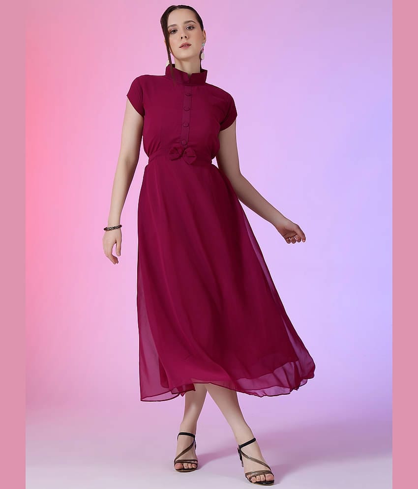 Femvy Women Georgette Solid Fit & Flare Dress ( Purple )