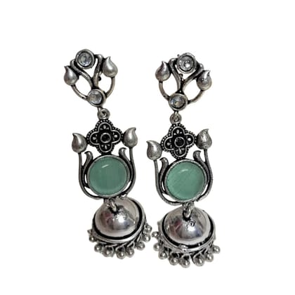 Anvaya Collections Vintage Style Jhumka Earrings, Oxidised Silver, Turquoise Stone, Traditional Indian Dangle Earrings
