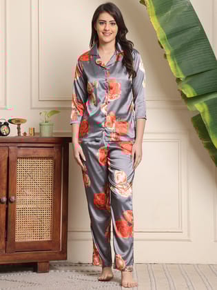 Grey Colour Floral Printed Satin Night Suit For Women-S