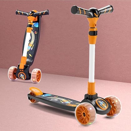 Chanak Go Rider Kick Scooter for Kids LED Light 3 Wheel Foldable Scooter with Rear Break 4 Height Adjustable with Lock for Boy & Girl 5+ Age Kids (Orange-Black)