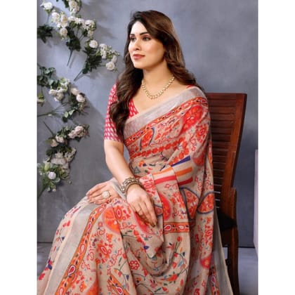 womens linen cotton printed saree with unstitched blouse 5mtr orange pid63902