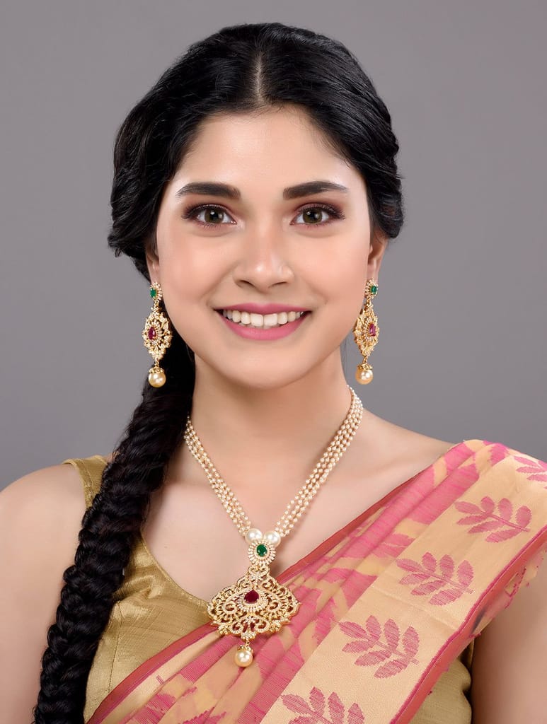 Gold Plated Multi AD & Pearl Studded Hand Crafted Traditional Pendant Necklace Earrings Set - Jewellery Sets | Buy online on ZillyBuy