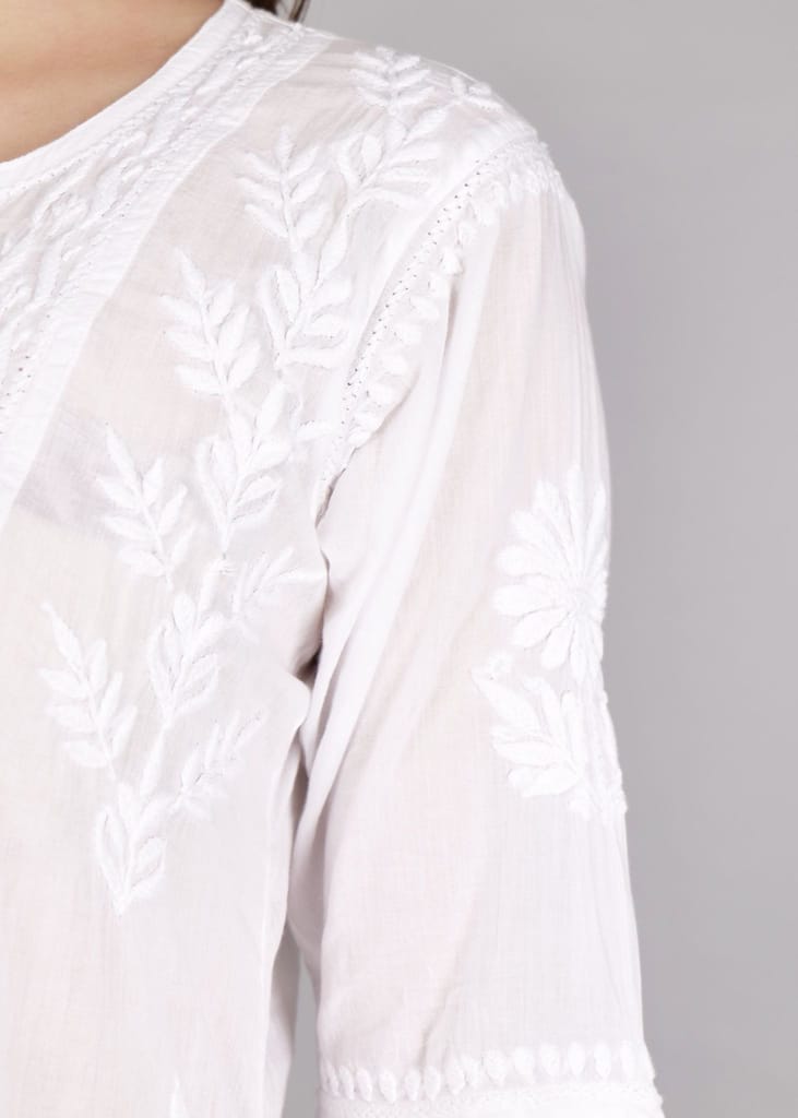 Mulmul Hand Embroidered Knee length Chikankari Dress White