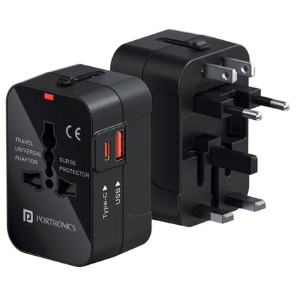Portronics Juicemate Universal Travel Adapter with 20W Type C PD & 18W USB-A Output Port, All in One International Travel Fast Charging Adapter, Suitable for 200 plus Countries US,UK,EU,AUS,Etc (Black)