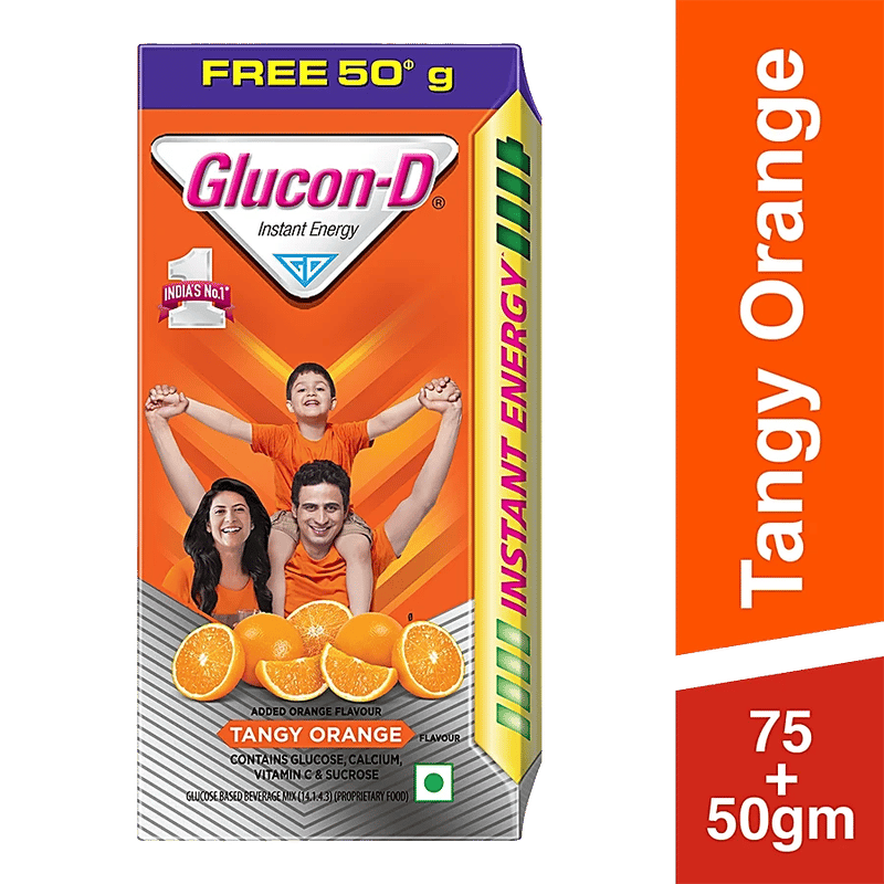 Glucon-D, Orange Flavoured Glucose Based Beverage Mix - 125 G (75G + 50G Free) Carton