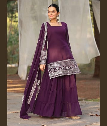 kedar fab Women Georgette Embroidered Straight Kurti With Sharara And Gharara ( Purple )