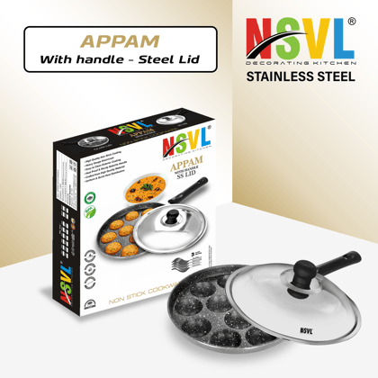 Nsvl Appam Patra with 12 Cavity Heavy Duty Aluminum | Single Handle| Litti Maker Paniarakkal with Lid 1 L Capacity 24 cm Diameter (Aluminium, Non-Stick)