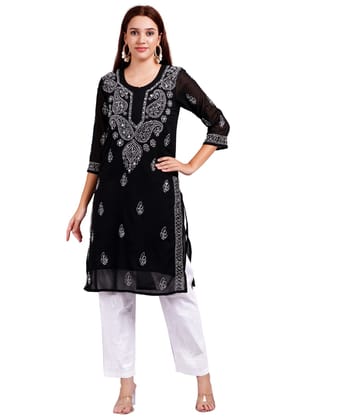 MRS RIGHT CHIKANKARI MIRROR EMBROIDERED BLACK  KURTI WITH WHITE PANT SET FOR WOMEN AND GIRLS
