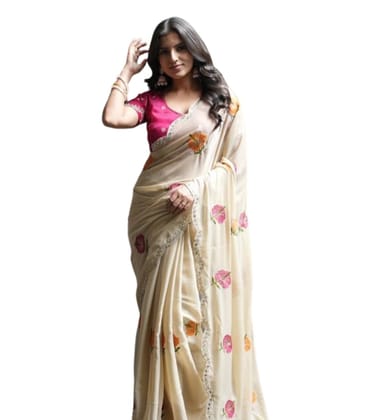 GENERIC Women's Georgette Embellished Saree With Unstitched Blouse 5.5Mtr (Cream-Pink)-PID67448