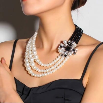 Chunky Layered Pearl and Crystal Necklace