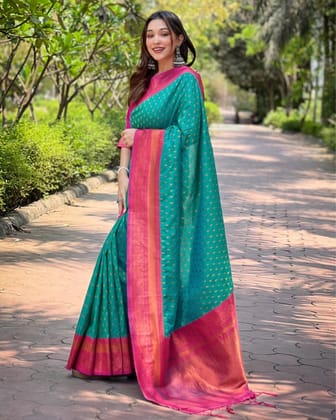 Marathi Mood Paithani Silk Zari Woven Green & Pink Saree