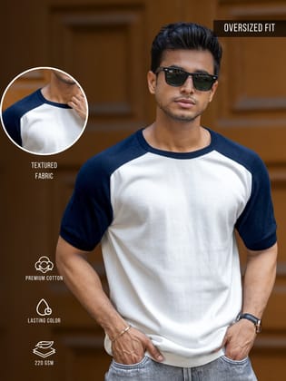 Flat Knit Raglan White Navy Half Sleeve T-Shirt-M