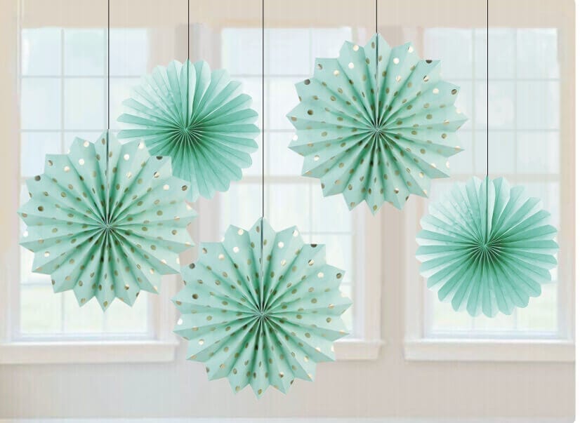 Wanna Party Metallic Polka Dot Aqua Green PaPer Fan Decorations - 5PC - Party and Festive Needs | Buy online on ZillyBuy