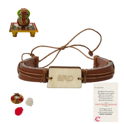 Designer Leather Bracelet BRO Rakhi with Lord Ganesha on Marble Chowki and Roli Tikka Matki, Best Wishes Greeting Card