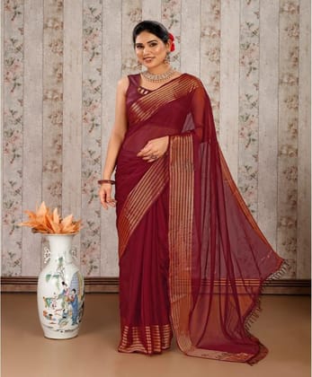 Women's Chiffon Fabric Plain Saree with Unstitched Blouse (Maroon, 5-6 Mtrs)