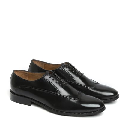 Long Stitched Lines Design Black Leather Oxford Lace-Up Shoe-41/7