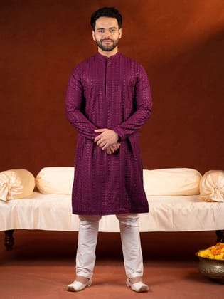 Wine Sequin Embroidered Kurta Set-XS/36 / Kurta Churidaar Set